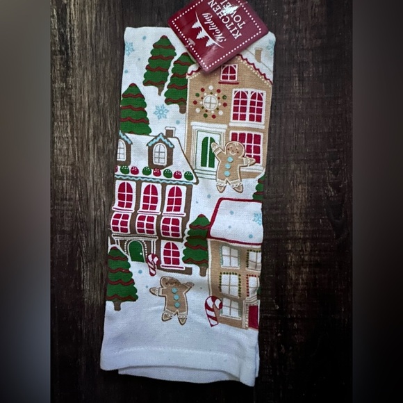 Festive Holiday Dish Towel with Gingerbread and House Design - Picture 1 of 3
